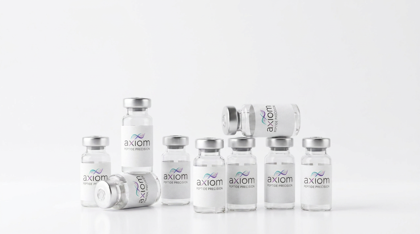 Lineup of nine Axiom Peptide Precision research vials on a clean studio background